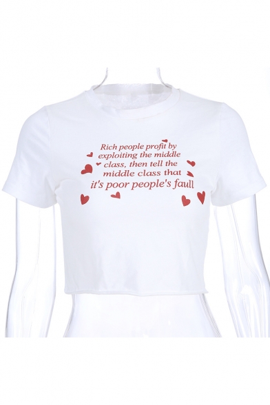 New Stylish White Letter Red Heart Printed Short Sleeve Cool Sweet Crop Tee