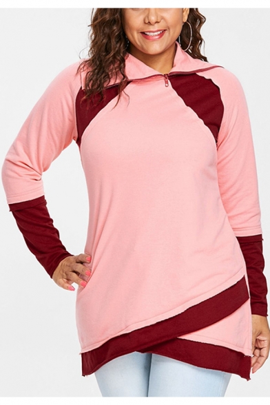 New Trendy Womens Plus Size Color Block Zipper Collar Long Sleeve Pink Sweatshirt
