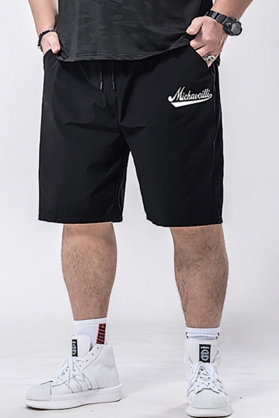 Popular Fashion Graphic Logo Printed Drawstring Waist Loose Fit Men's Black Athletic Shorts