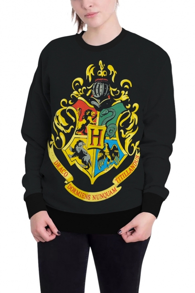Popular Harry Potter Hogwarts University Logo Print Long Sleeve Black Sweatshirt