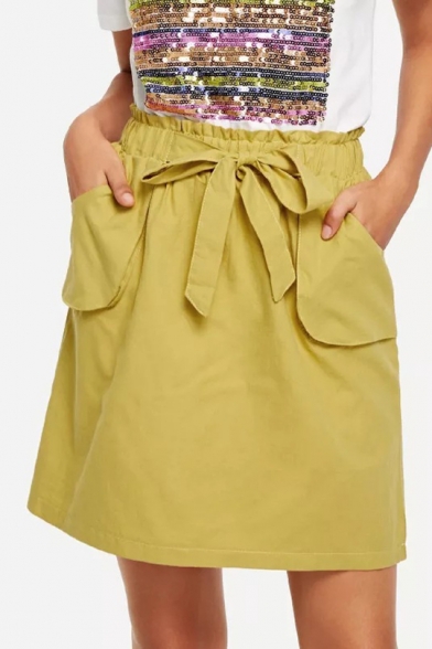 Popular Yellow Paperbag Tied Waist Mini A-Line Skirt for Women