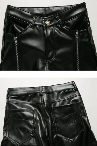 Punk Style Solid Color PU Leather Zipper Embellished Men's Black Pencil Pants