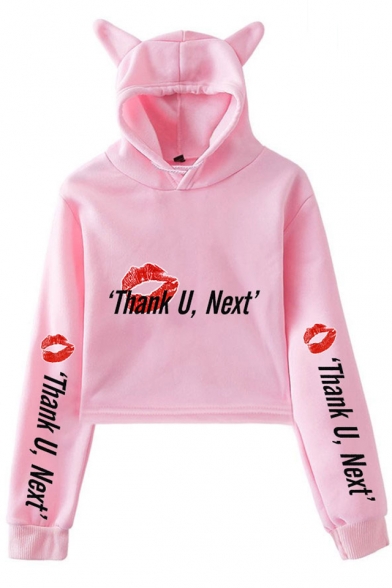 Sexy Red Lip Letter THANK U NEXT Cute Cat Ear Long Sleeve Casual Crop Hoodie