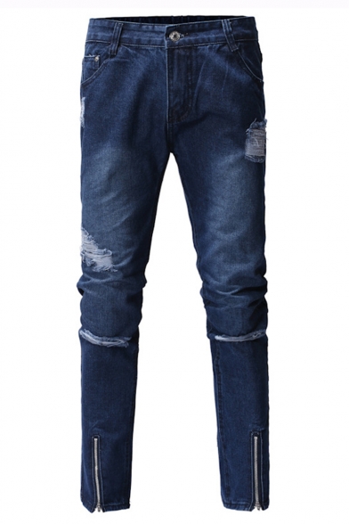 Simple Plain Cool Damage Knee Cut Ripped Detail Zipper Vent Men's Dark Blue Slim Fit Jeans