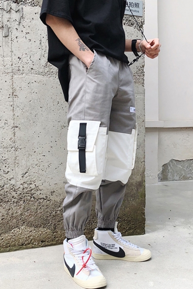 Street Style Trendy Color Block Buckle Strap Pocket Side Men's Hip Pop Casual Cargo Pants