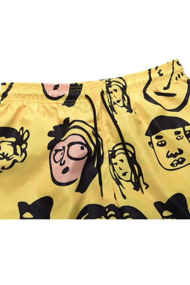 Stylish Cartoon Printed Fast Drying Casual Drawstring Waist Yellow Beach Shorts Swim Trunks for Men