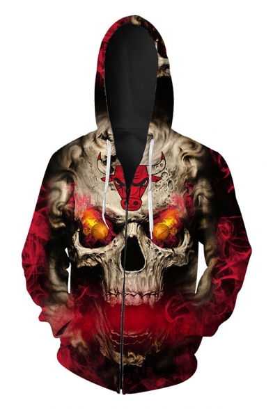 Stylish Cool Smog Skull Print Long Sleeve Zip Up Fitted Drawstring Hoodie