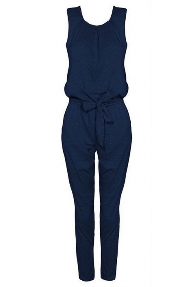 Stylish Simple Plain Round Neck Sleeveless Tied-Waist Jumpsuits for Women