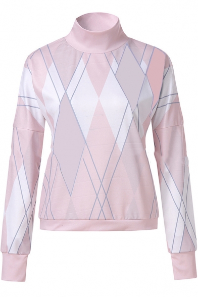 Stylish Mock Neck Cold Shoulder Long Sleeve Rhombus Printed Loose Fit Sweatshirt