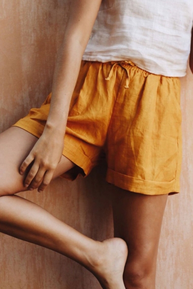 Summer Casual Loose Simple Plain Womens Drawstring Waist Linen Pull On Shorts