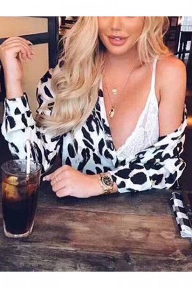 Summer Cool Trendy Leopard Printed Long Sleeve Knotted Front Sexy Crop Blouse Top