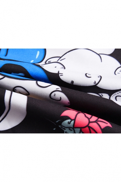 Summer Creative Cartoon Panda Cloud Pattern Black Quick Drying Casual Drawstring Waist Beach Shorts Swim Trunks for Guys with Pockets