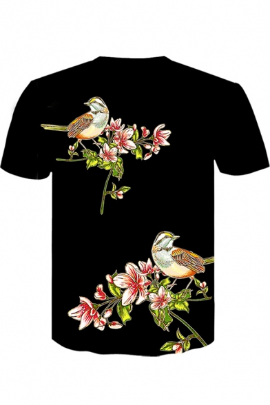 Summer Fancy Floral Bird Printed Round Neck Short Sleeve Black Tee
