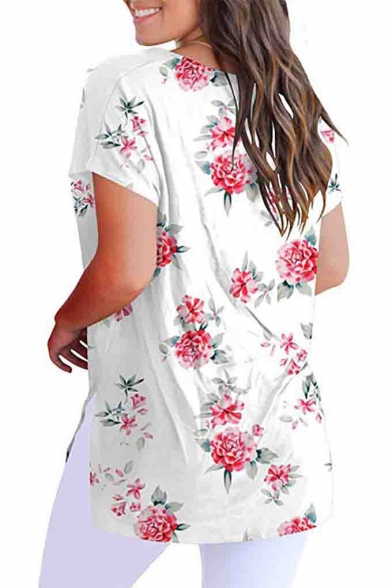 Summer Fancy Floral Printed V-Neck Short Sleeve Casual T-Shirt