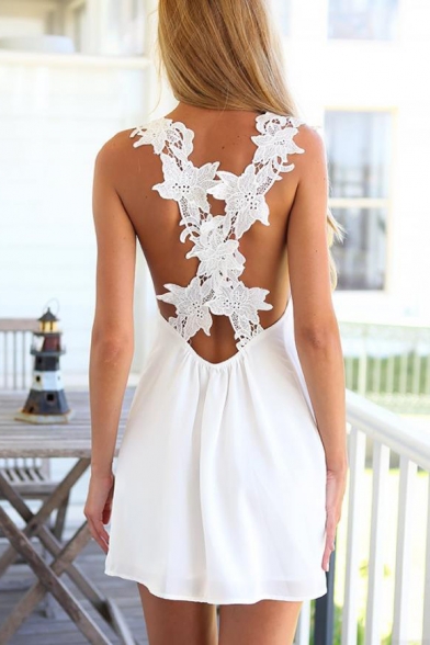 Summer Fancy White Crochet Open Back V-Neck Sleeveless Mini A-Line Chiffon Tank Dress