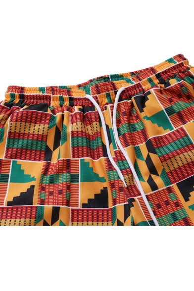 Summer Fashion Africa Printed Drawstring Waist Brown Casual Loose Beach Shorts Swim Trunks