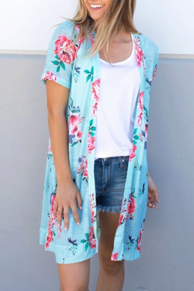 Summer Hot Popular Womens Floral Printed Short Sleeve Polyester Holiday Loose Cardigan Shirt