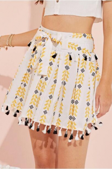 Summer Bow-Front High Waist Tassel Hem Mini A-Line Pleated Skirt