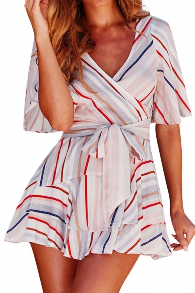 

Summer Hot Stylish Bow Tie-Front V-Neck Short-Sleeves Stripe Romper for Grils, LM546242