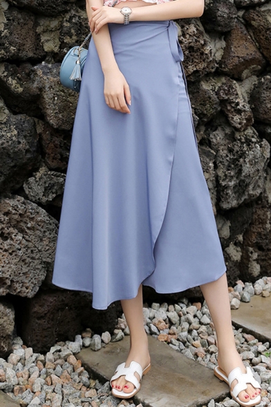 Summer Hot Stylish Plain High Waist Chiffon A-Line Midi Wrap Skirt for Women