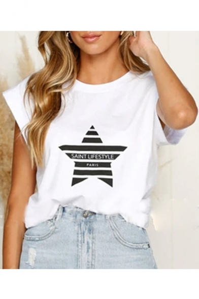 Summer Hot Stylish Solid Color Star Letter Printed Cap Sleeve Casual Blouse T-Shirts