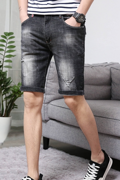 Summer New Fashion Solid Color Slim Fit Grey Ripped Denim Shorts