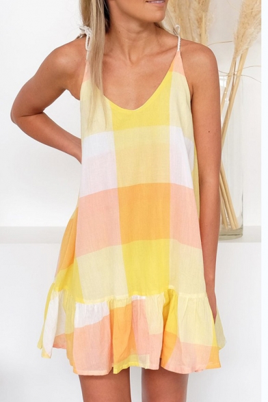 Summer Stylish Yellow Color Block V-Neck Mini Ruffled Slip Dress