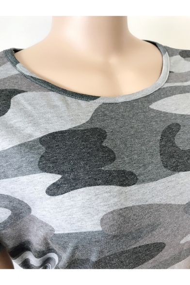 Summer Trendy Army Green Camo Printed Round Neck Mini T-Shirt Dress