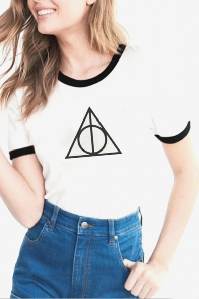 Summer Trendy Contrast Trim Triangle Printed Short Sleeve T-Shirt