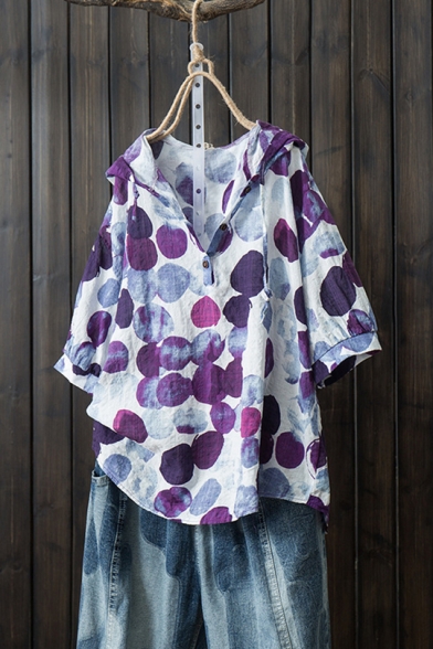 Summer Trendy Polka Dot Printed Button Front Hooded Loose Fit Linen Top
