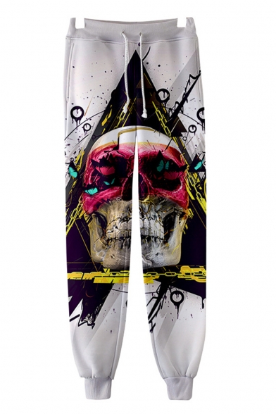 Trendy 3D Floral Skull Printed Drawstring Waist Sport Casual Joggers Sweatpants