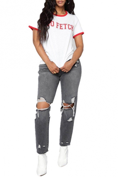 Trendy Distressed Knee Cut Ripped Hole Grey Straight Fit Jeans