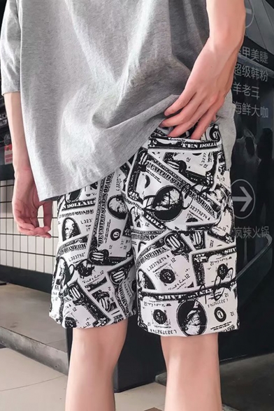 Trendy Dollar Printed Drawstring Waist Black and White Hip Pop Casual Shorts