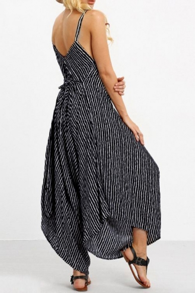 Trendy Fancy Sexy V-Neck Stripped Spaghetti Straps Sleeveless Tie-Back Loose Jumpsuits for Girls