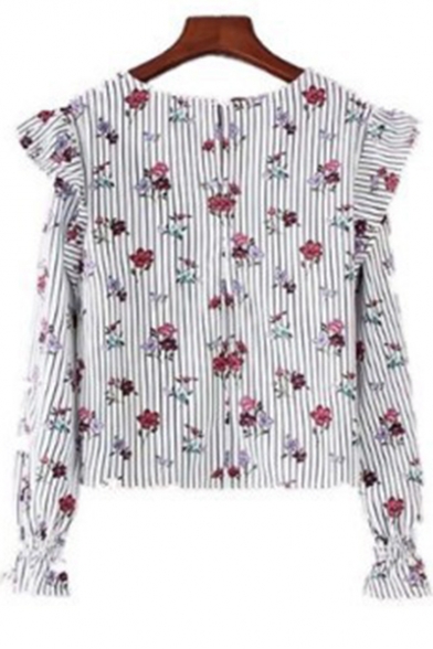 Trendy Floral Striped Printed Round Neck Ruffled Shoulder Long Sleeve Blouse