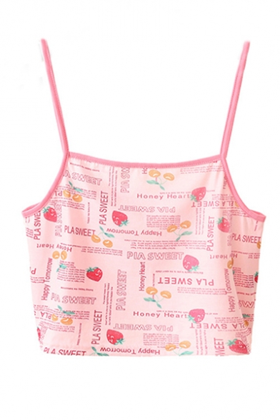 Trendy Summer Pink Strawberry Cherry Printed Spaghetti Straps Sleeveless Cropped Cami