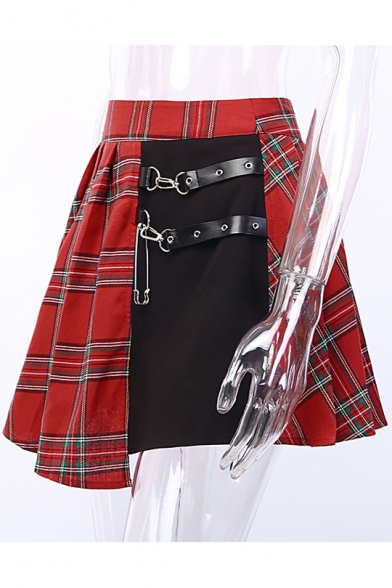 Trendy Women Sweet Red Check High Waist Metallic Embellished Patchwork Pleated A-Line Mini Skirt