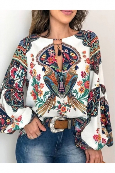 Women's Ethnic Style Floral Printed Tied V-Neck Lantern Long Sleeve Casual Loose Blouse Top
