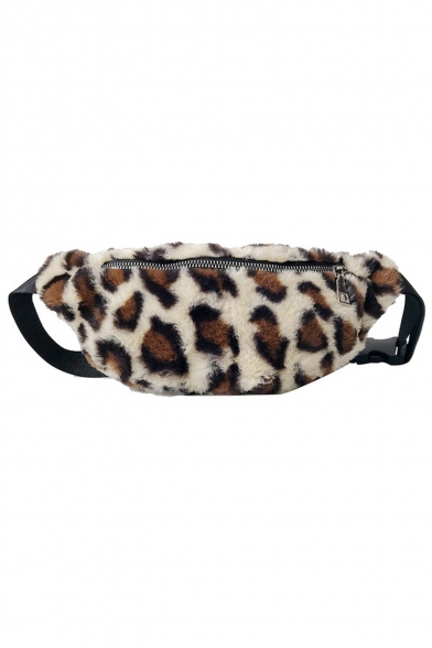 Women's Fashion Leopard Pattern Plush Waist Belt Bag with Zipper 30*14*2 CM