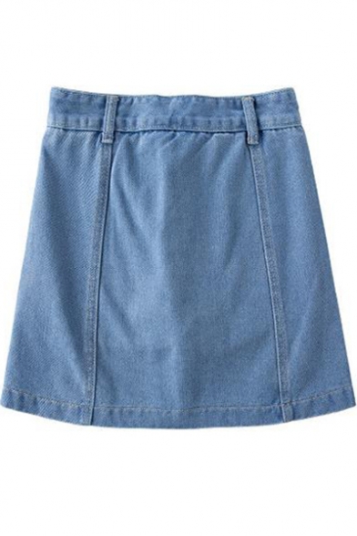 Womens Chic Floral Embroidery Button Front Light Blue Denim Skirt