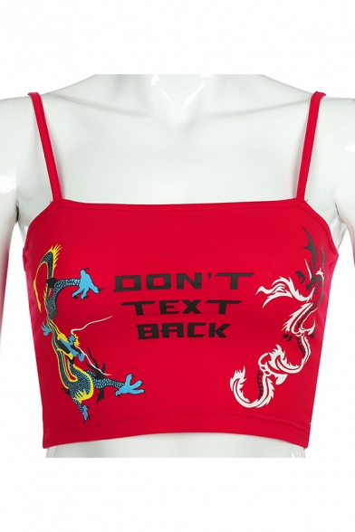 Womens Cool Dragon Totem Letter DON'T TEXT BACK Print Red Slim Fit Crop Cami Top