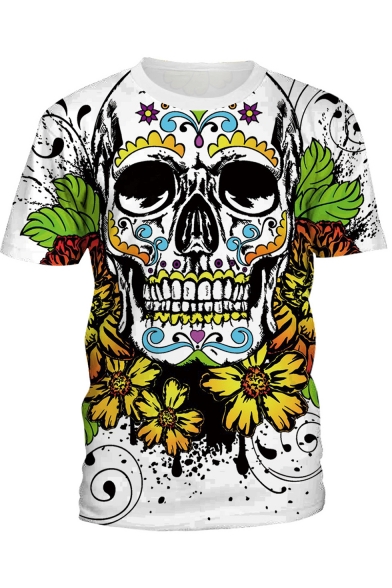 Womens Cool Floral Skull Print Round Neck Short Sleeve White Tee