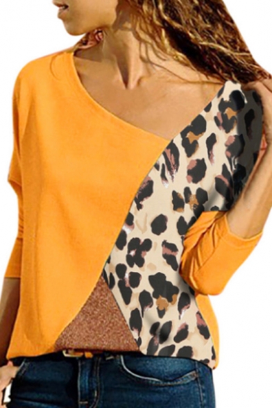 Womens Fancy Colorblock Camo Print Oblique V-Neck Long Sleeve Casual Loose Tee