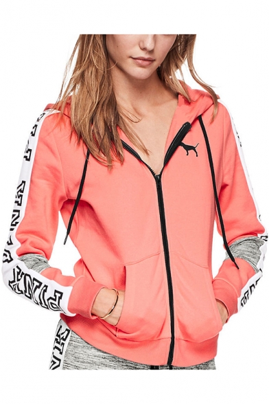 Womens Fashion Letter PINK Printed Long Sleeve Zip Up Casual Hoodie