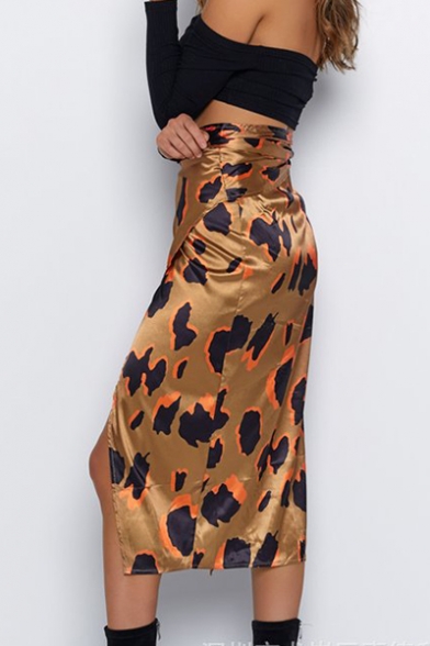 Womens Fashion Printed Tied Waist Split Front Midi Wrap Skirt