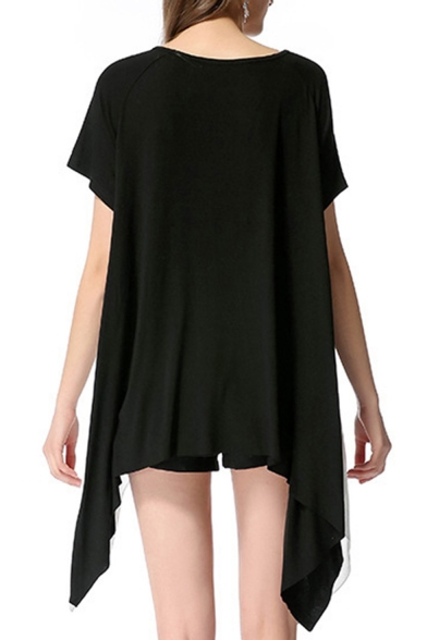 Womens Hot Fashion Black Chiffon Patch Short Sleeve Round Neck Asymmetric Hem Mini T-Shirt Dress