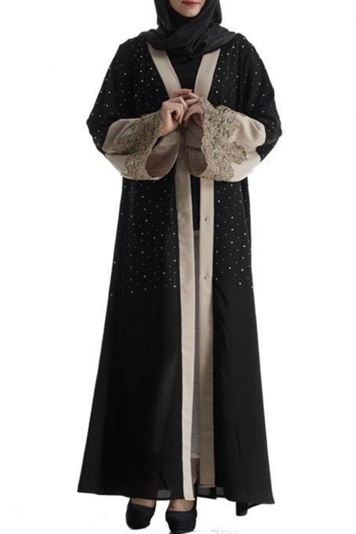 Womens Hot Fashion Black Long Sleeve Beading Embellished Patchwork Maxi Muslim Cardigan Dress