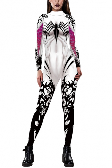 Womens Hot Fashion Long Sleeves High Neck Print Skinny Fitted Jumpsuits