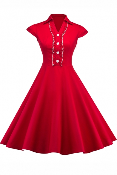 Womens Hot Fashion V-Neck Vintage Red Cap Sleeve Heart Button Embellished Midi Flare Dress for Evening Party