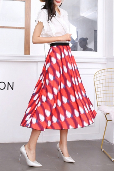Womens Hot Popular Red Pattern Summer Midi A-Line Flared Pleated Skirt